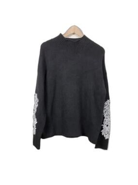 INC International Concepts Sweater Lace Accent Womens M Black White Long Sleeve